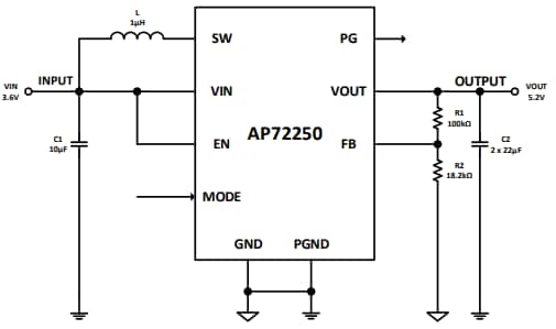 Application Circuit Diagram - Diodes Incorporated AP72250 Synchronous Boost Converter